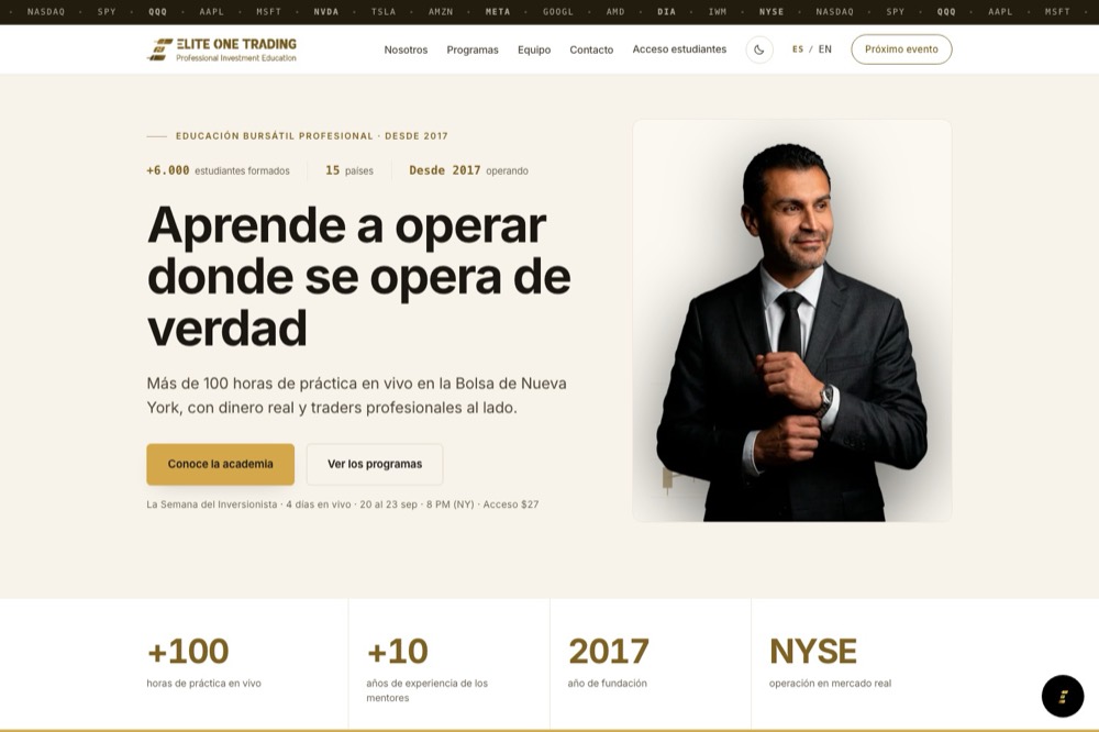 Portada de Elite One Trading: titular «Aprende a operar donde se opera de verdad», cifras y retrato.