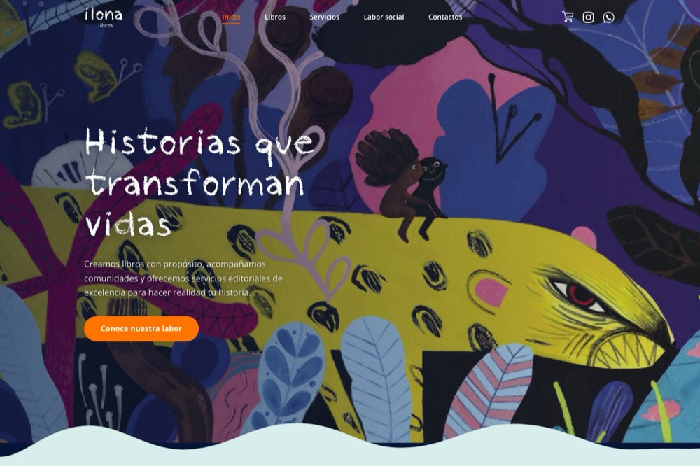 Portada de Ilona Libros: ilustración de un jaguar amarillo entre plantas y el titular «Historias que transforman vidas».