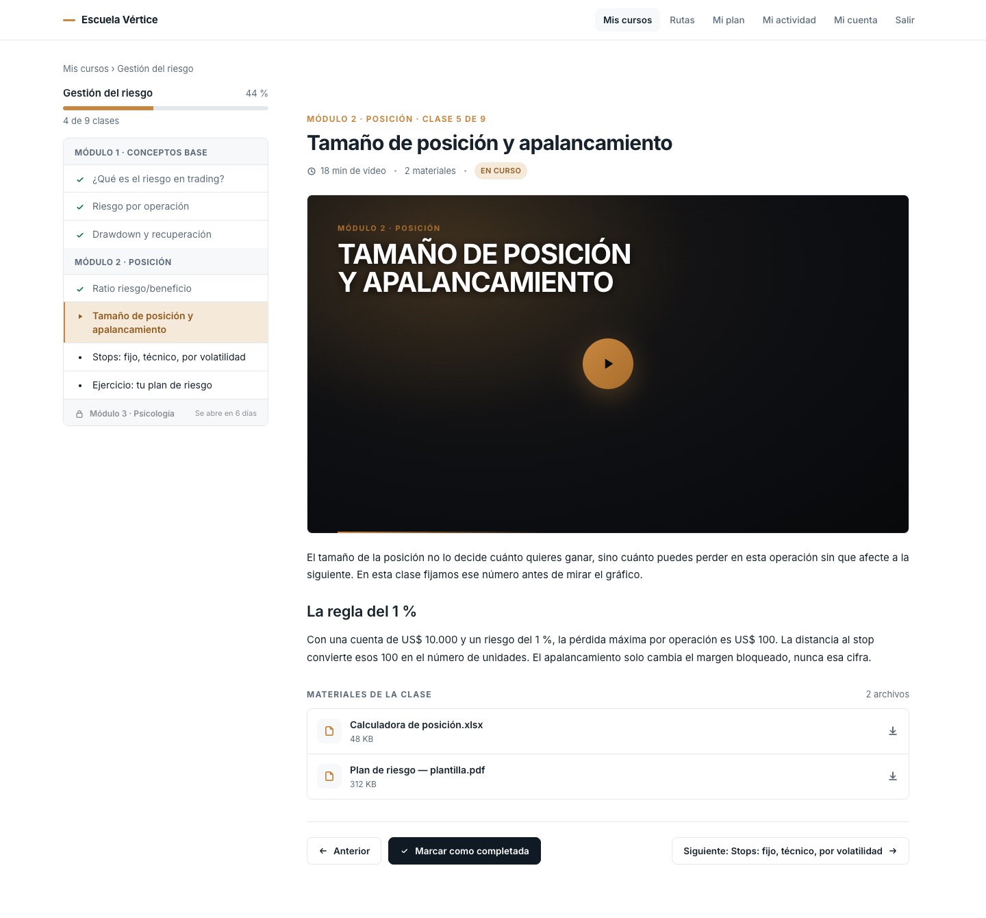 Una clase en la plataforma de cursos: índice de módulos con progreso a la izquierda, vídeo de la lección, texto de apoyo y dos materiales descargables.