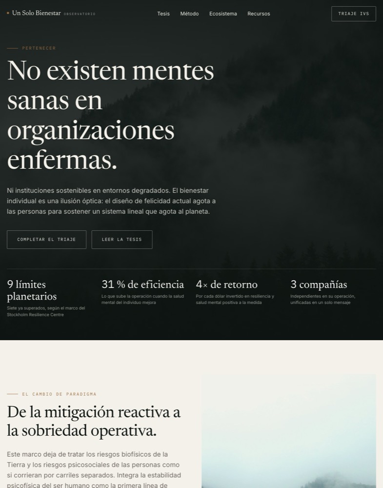 Portada de Un Solo Bienestar: titular grande sobre un bosque entre niebla.